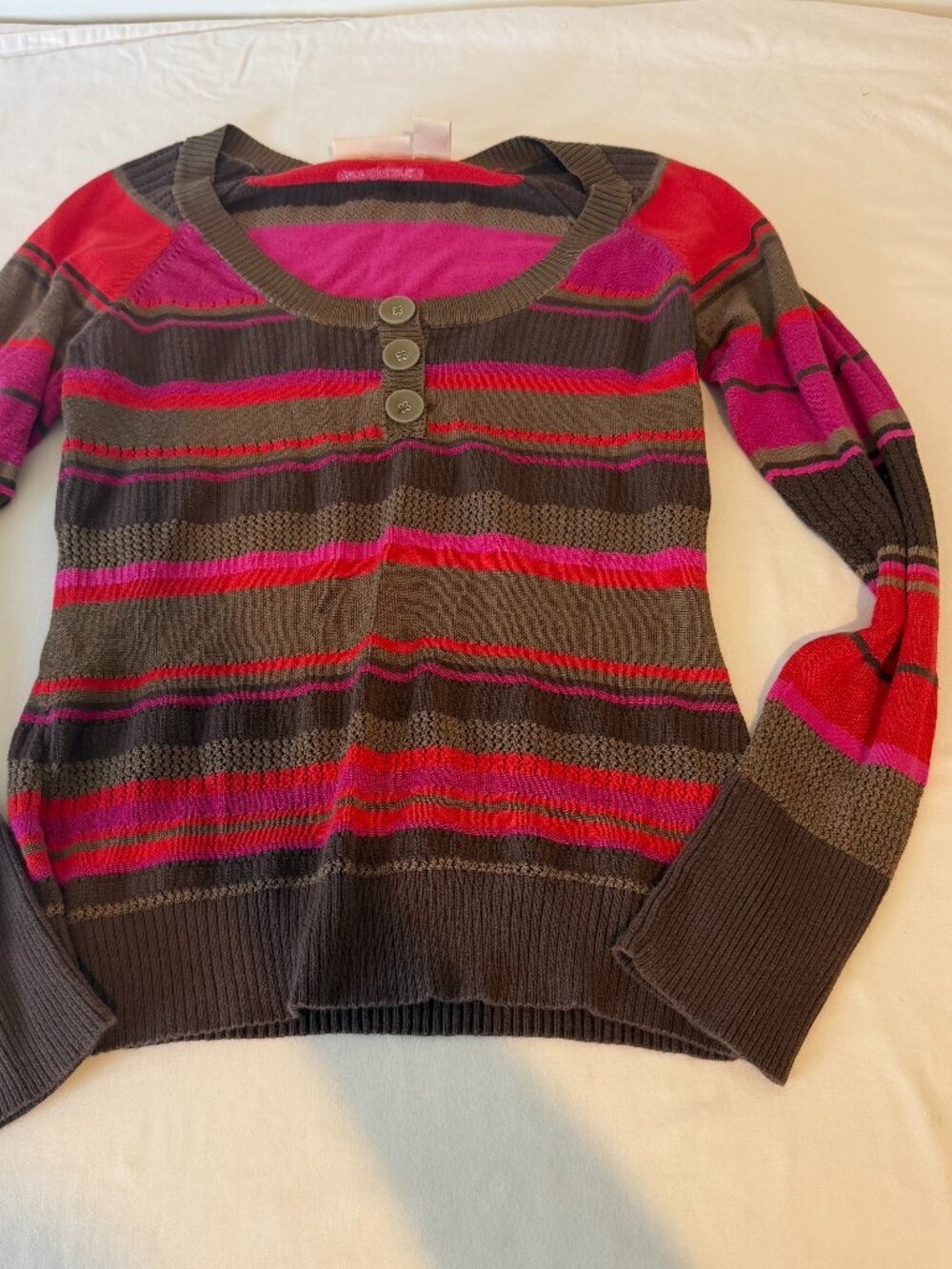 DKNY Jeans Striped Henley Knit Sweater Women's Small Pink Brown Y2K Long Sleeve